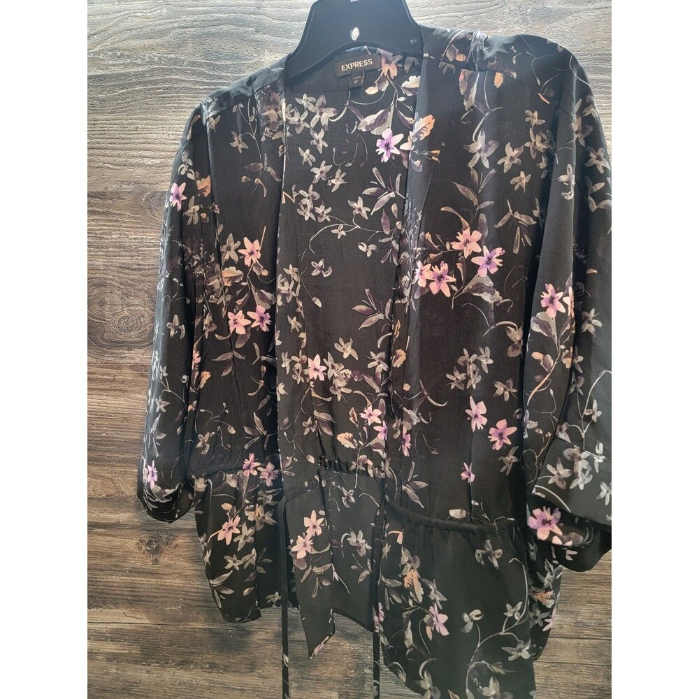 Express Womens Top Small Black Pink Floral Kimono Topper Layer Drawstring Boho